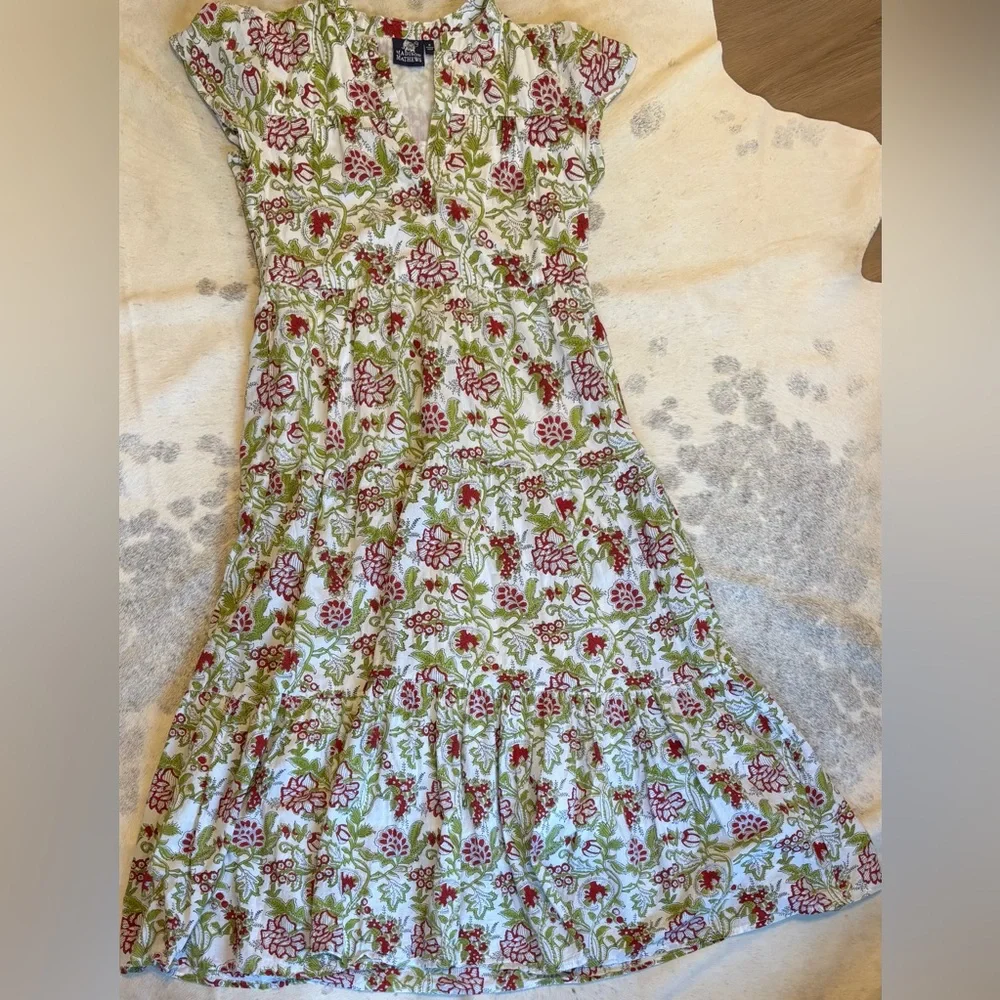 Madison Mathews Floral Print Cotton Midi Dress in White, Red & Green - Picture 2 of 5